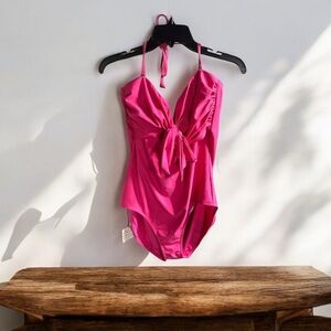 NWT Boutique Hot Pink 1 Piece Strapless or Halter Swimsuit XL Tie Front Vacation